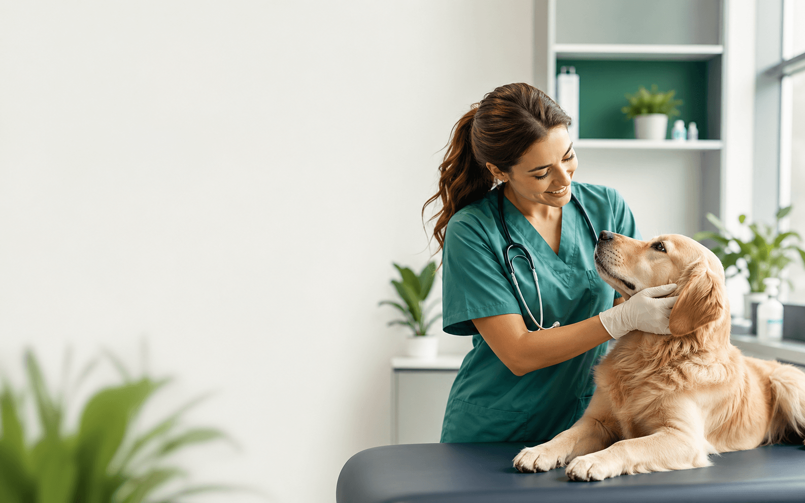Modern bir veteriner kliniğinde veteriner hekim ve köpek